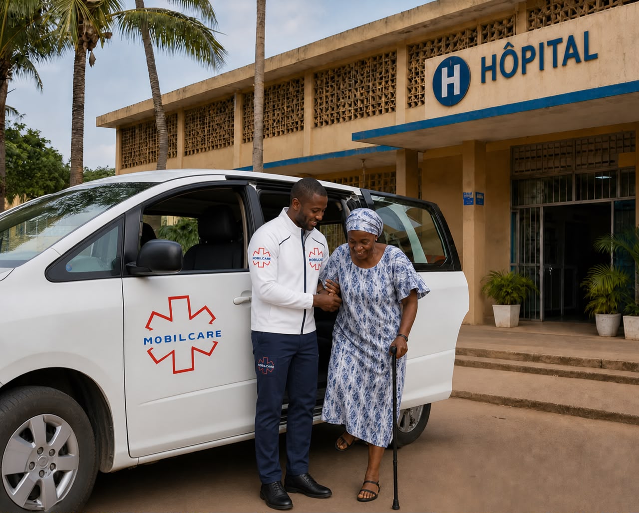 Chauffeur MobilCare accompagnant une patiente devant un hôpital à Cotonou