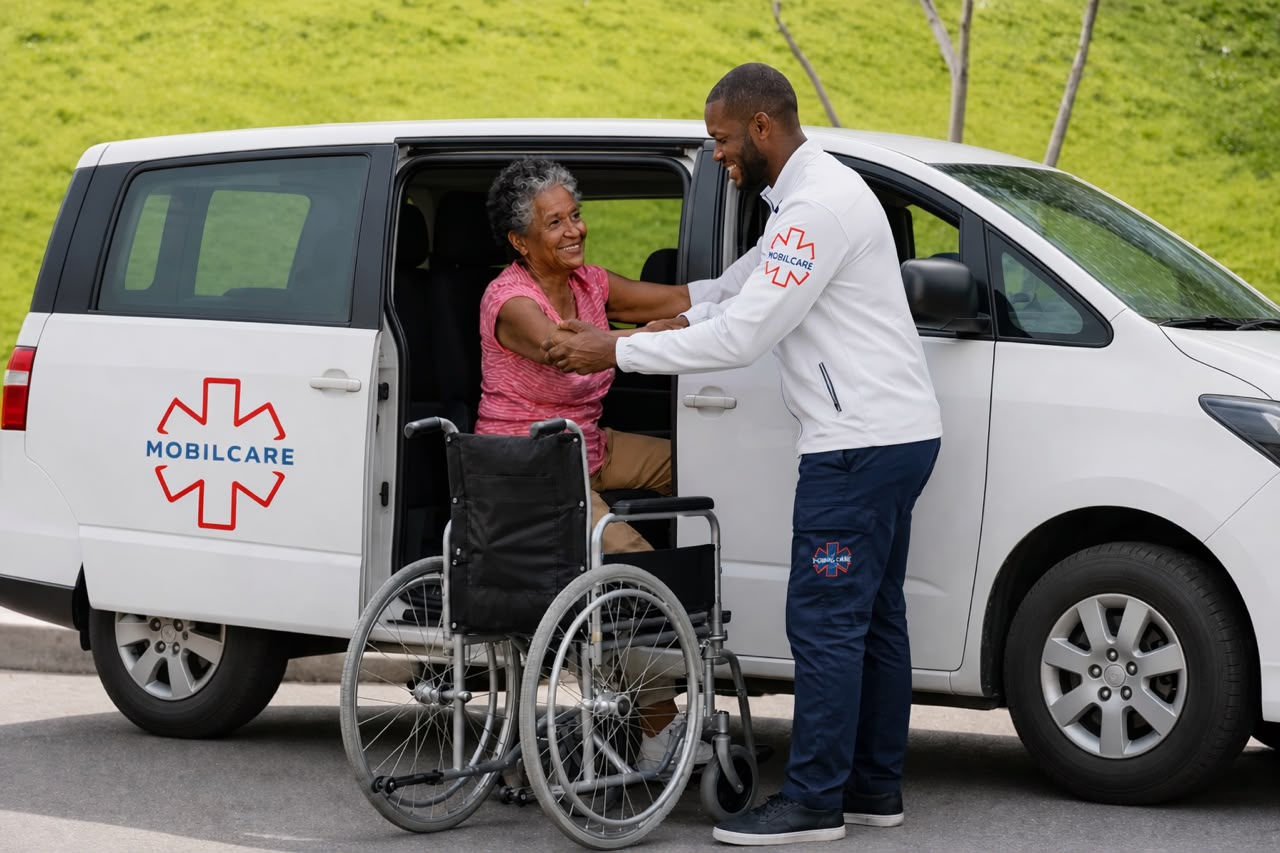 Chauffeur MobilCare aidant une patiente en fauteuil roulant à monter dans le véhicule